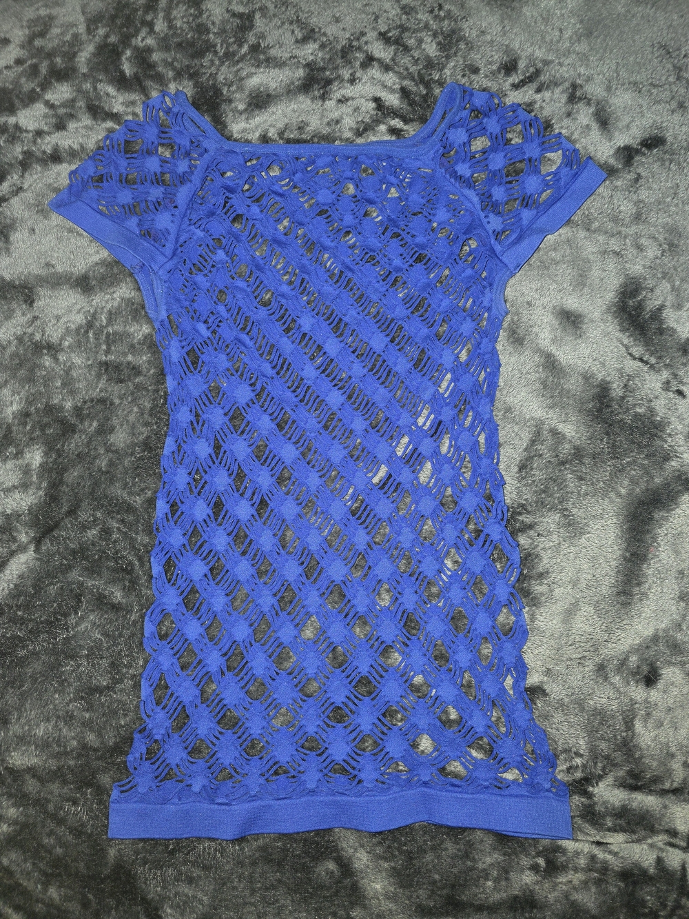 Royal Blue Fishnet Lazer Cut Stretch Short Sleeve Top OSFM